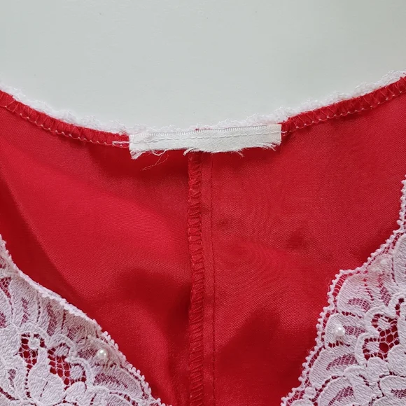 Vintage Red Satin Slip Dress Nightie Lace Rosette Beads Romantic Dark Coquette - Picture 11 of 12